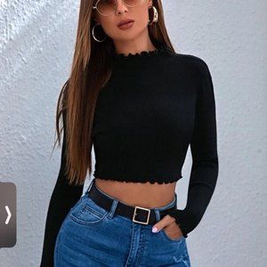 Lettuce Trim Knit Rib-Knit Crop Sweater